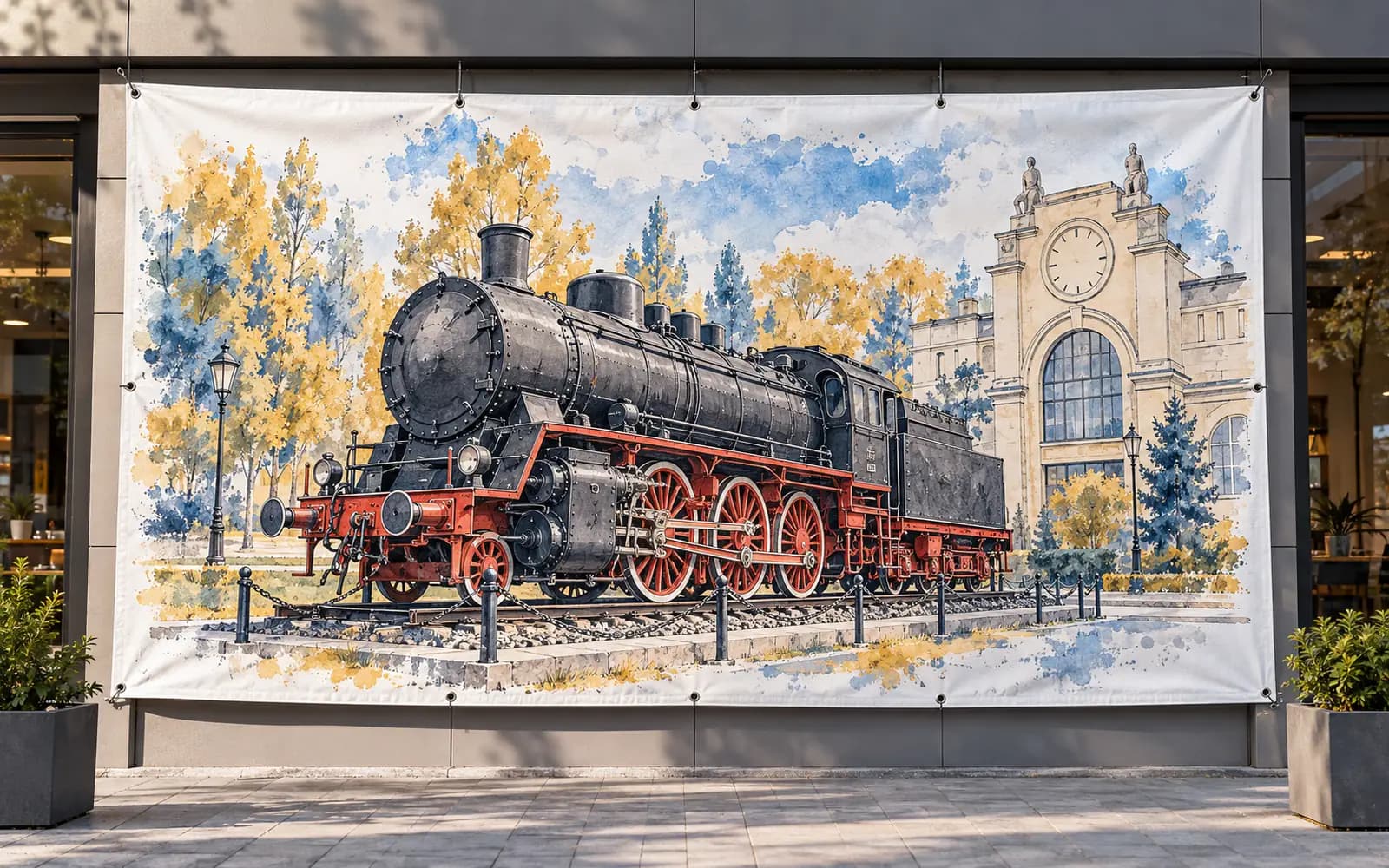 Banner cu ilustrația reperului Muzeul Locomotivelor cu Abur, pe o fațadă de magazin — reper al județului Caraș-Severin, livrare în Caransebeș