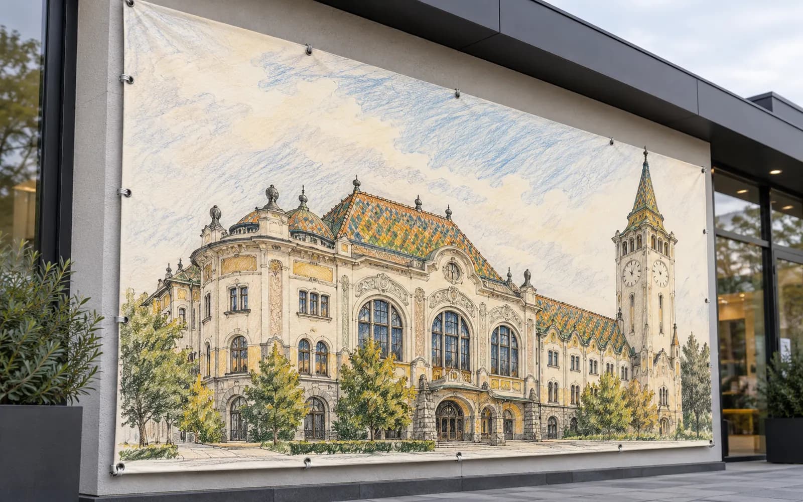 Banner cu ilustrația reperului Palatul Culturii, pe o fațadă de magazin.