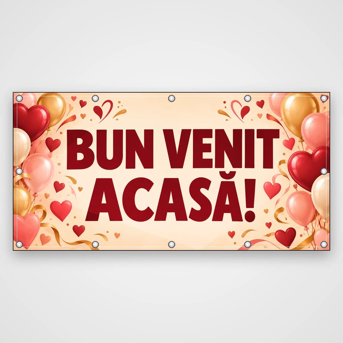 Banner Bun venit acasă! – inimi și baloane
