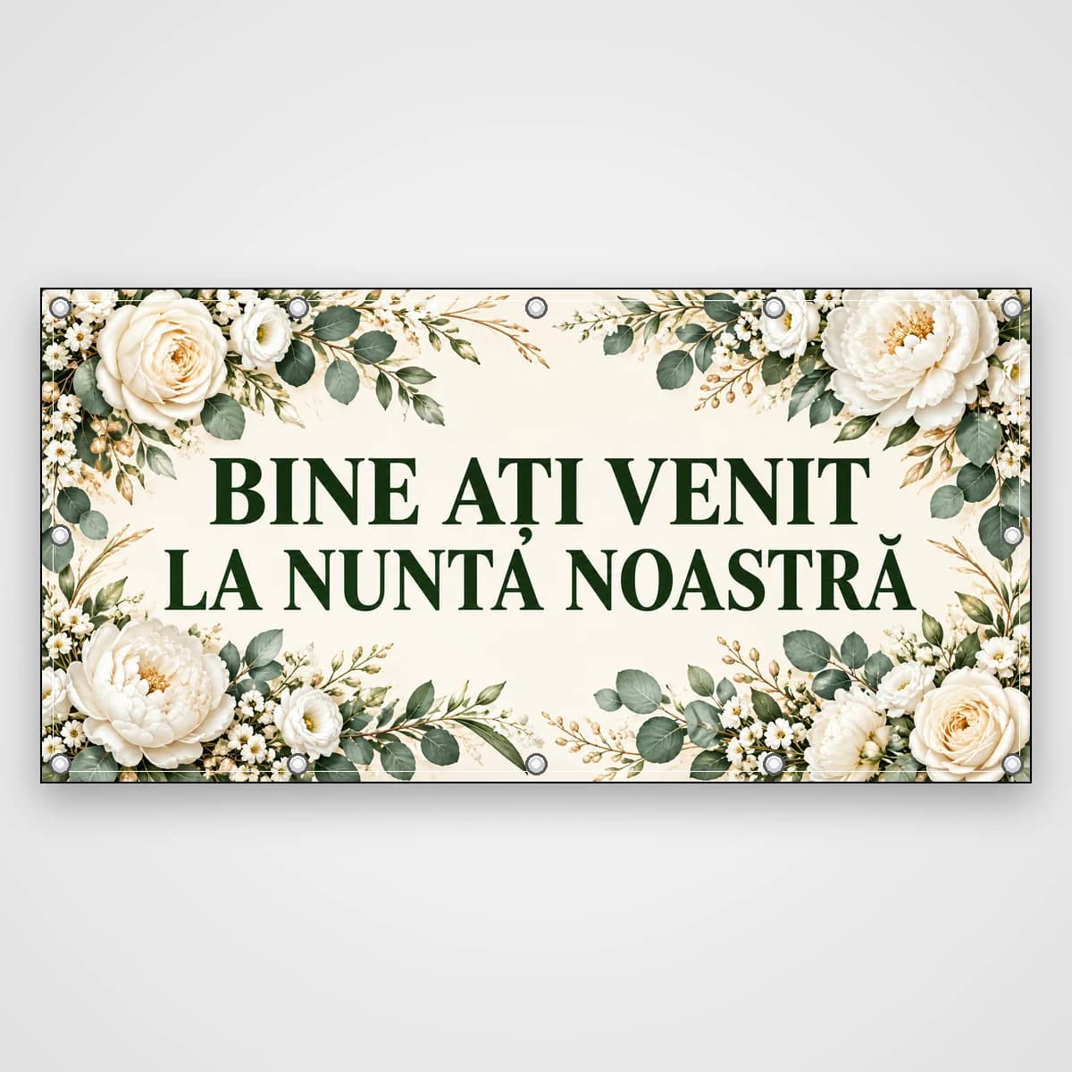 Banner Bine ați venit la nunta noastră – flori albe