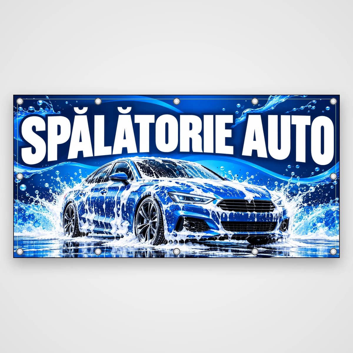 Banner Spălătorie auto – spumă și albastru