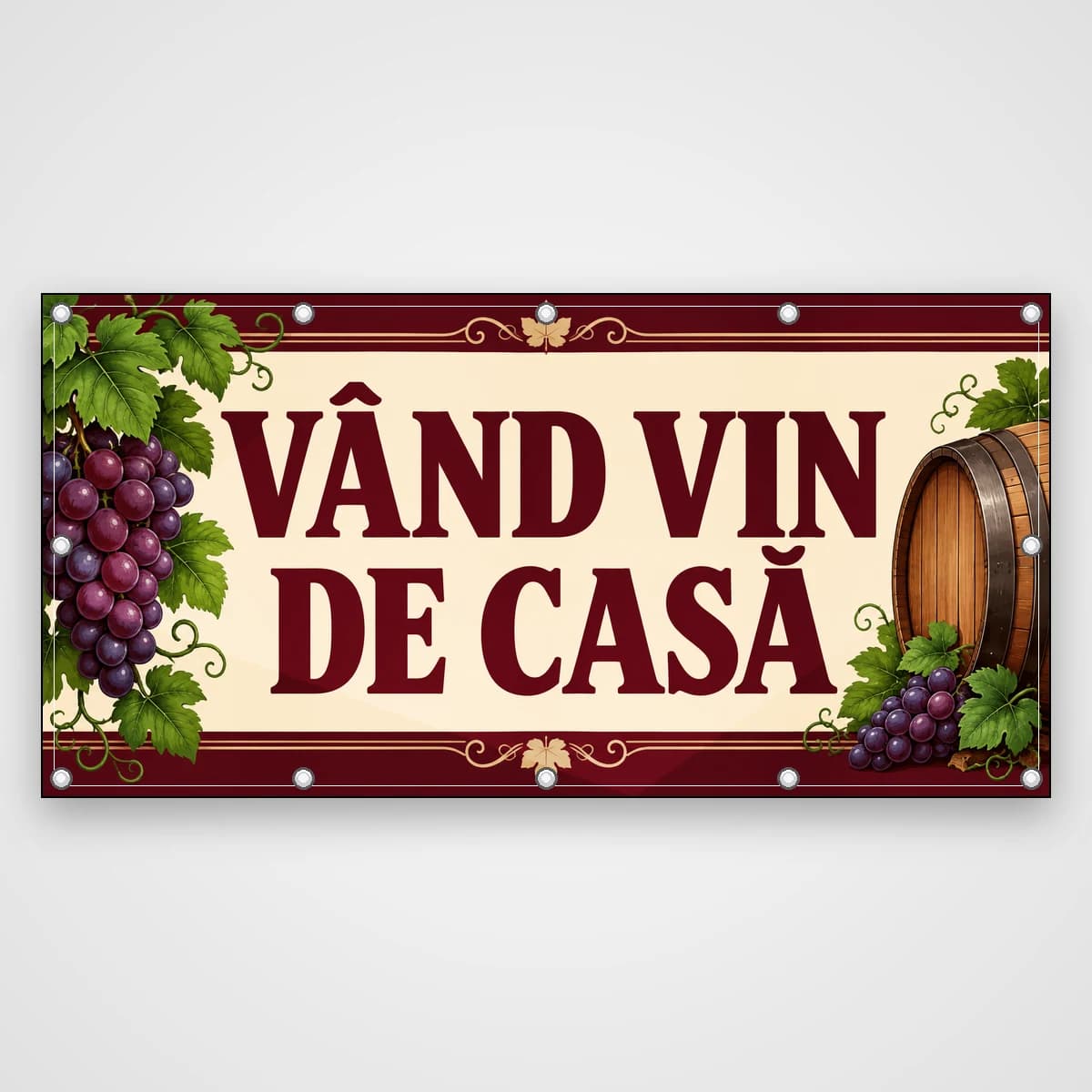 Banner Vând vin de casă – struguri și butoi