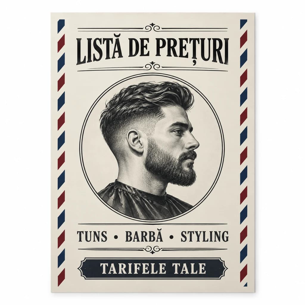 Afiș listă de prețuri pentru frizerie · 1 bucată, A3