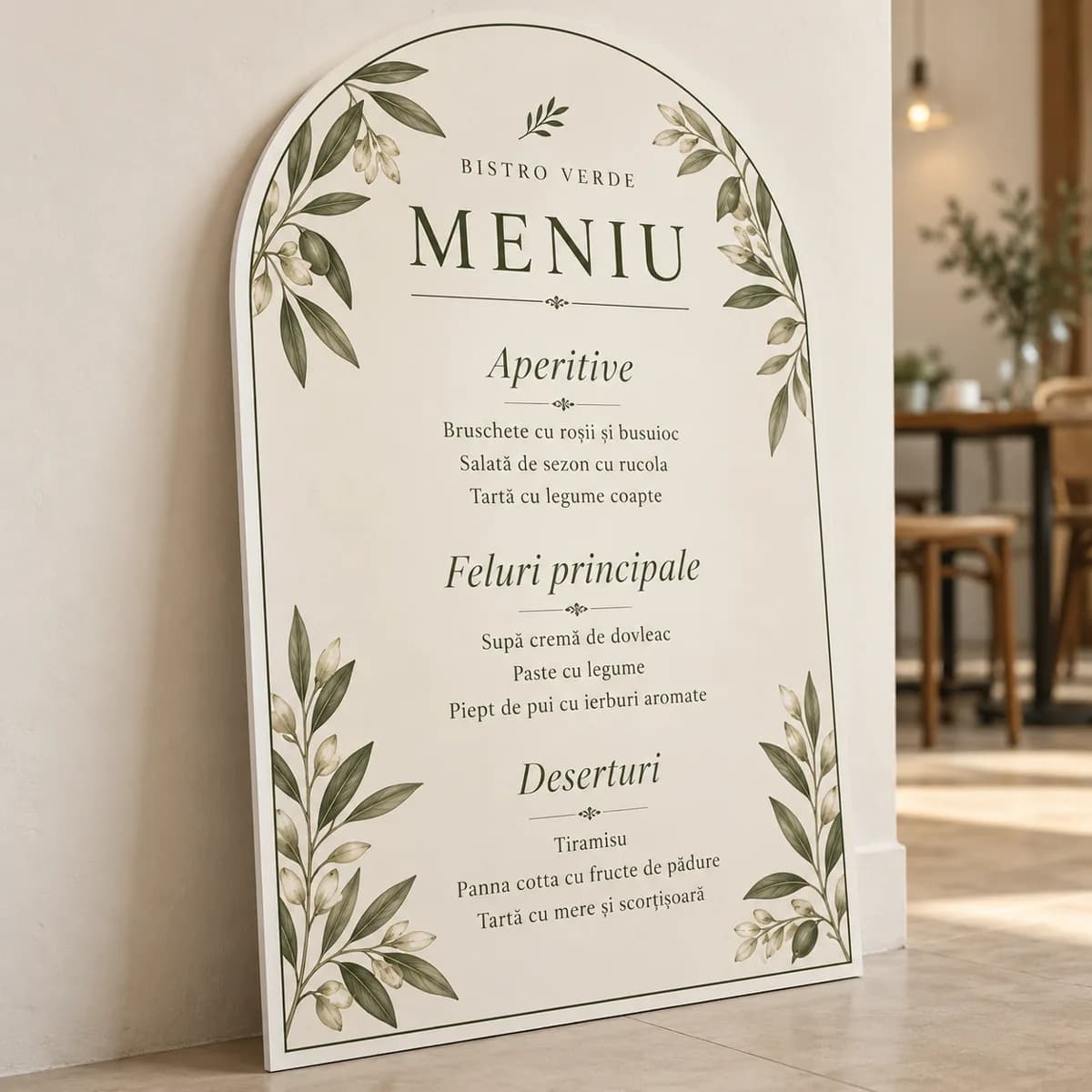 Panou meniu restaurant pe PVC în formă de arcadă