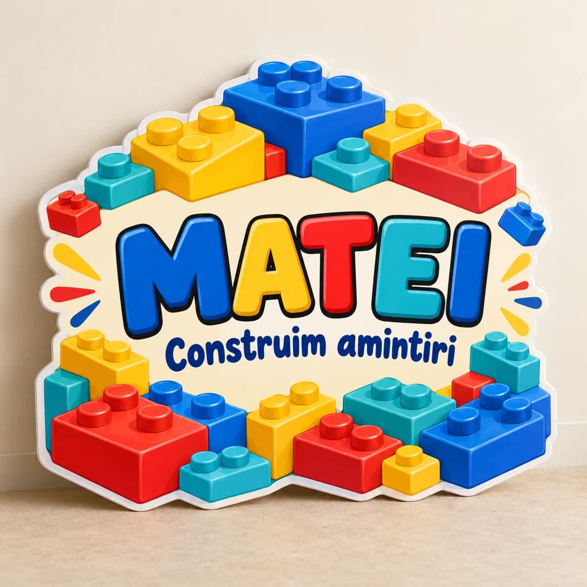 Nume personalizat din cărămizi colorate pe PVC