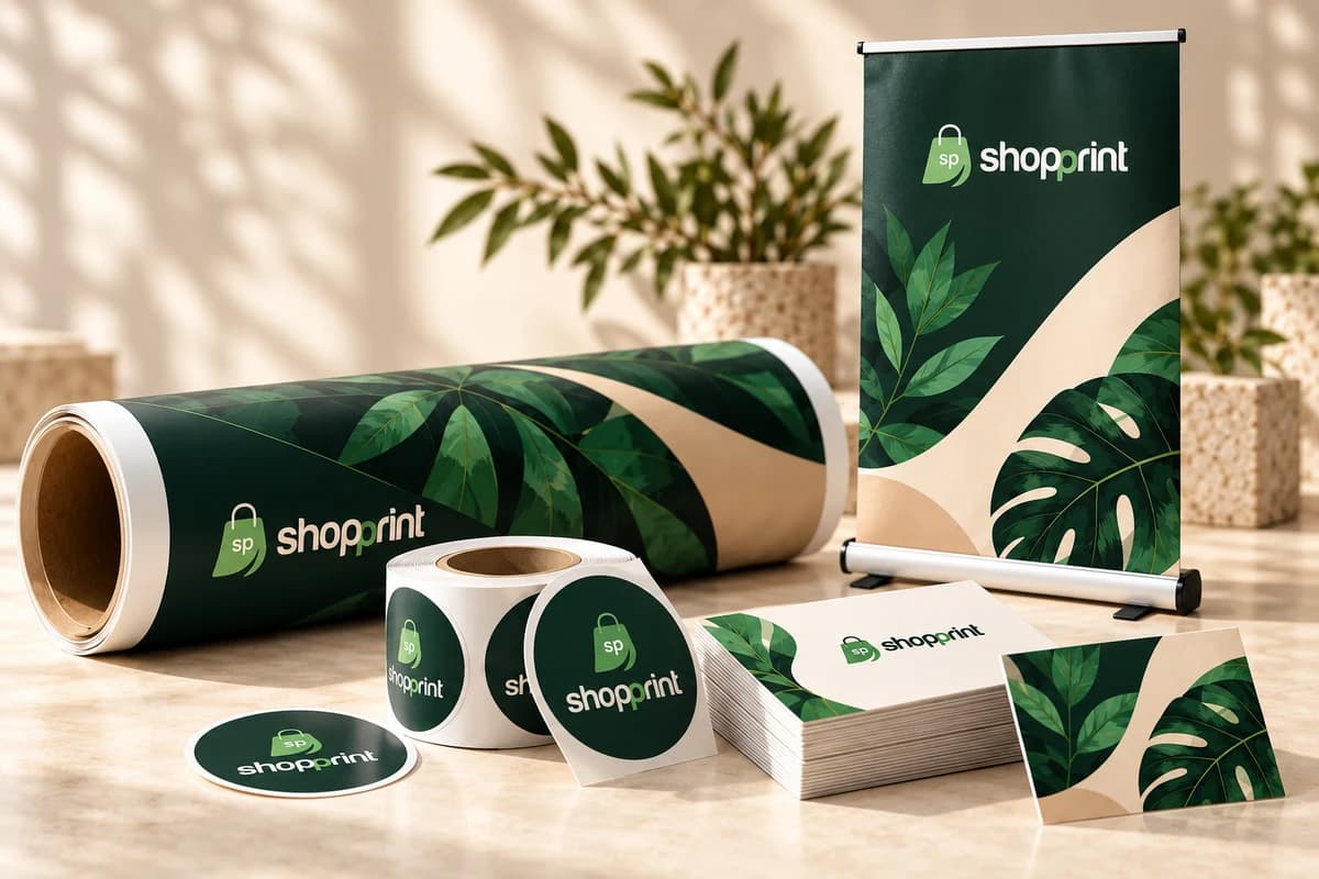 Produse ShopPrint: banner, autocolante, cărți de vizită și roll-up, în verde și crem