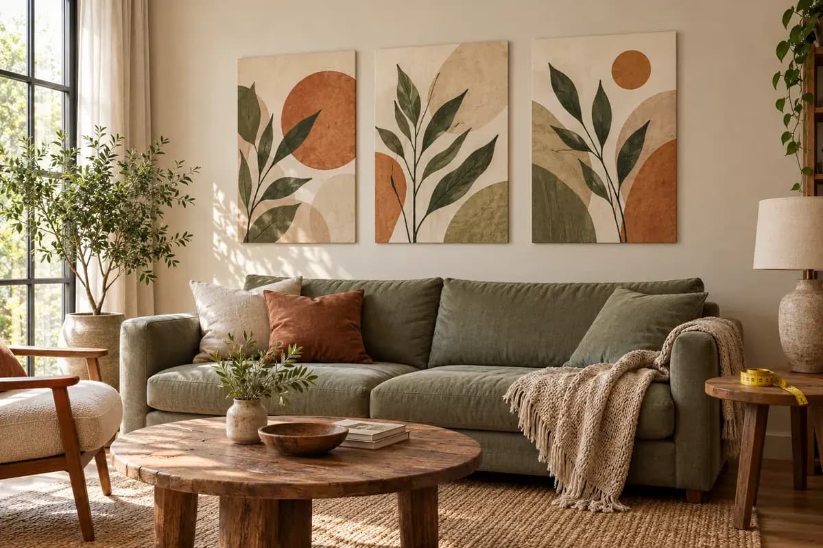 Trei tablouri canvas cu motive botanice deasupra unei canapele