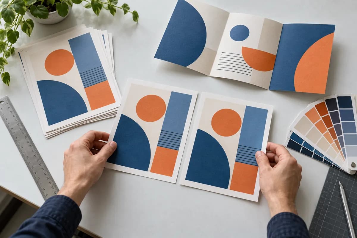 Flyere și pliant cu grafică abstractă, verificate lângă o riglă și mostre de hârtie