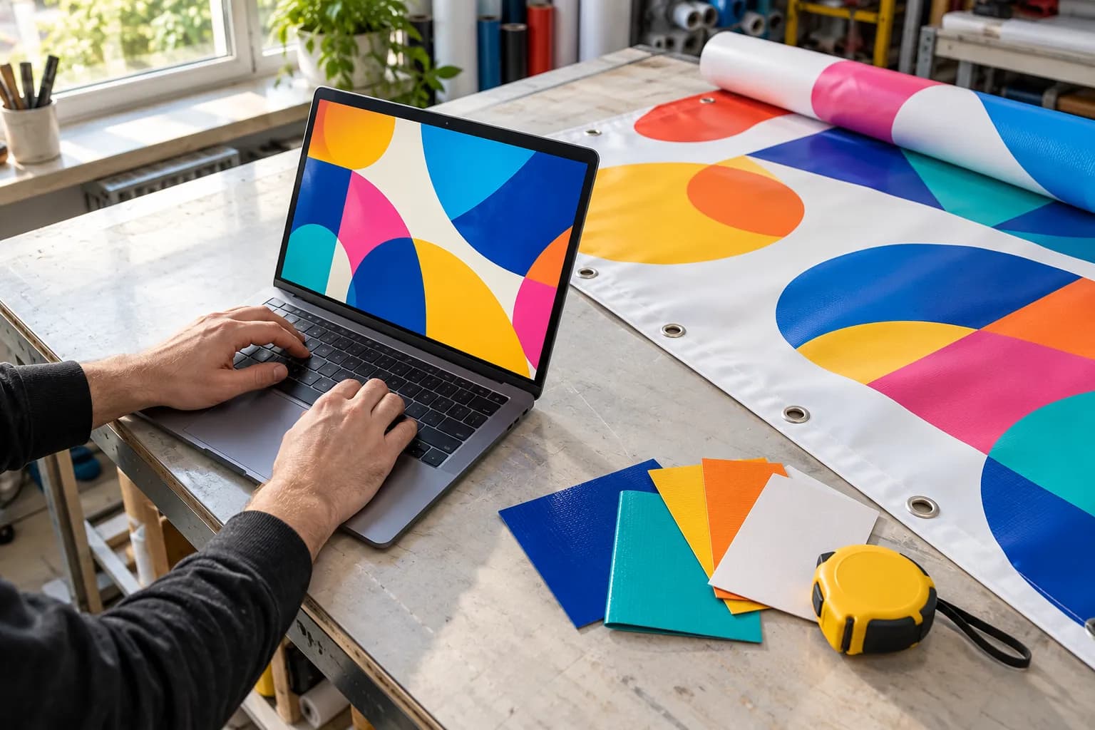 Birou cu laptop deschis pe configuratorul de banner, un banner PVC rulat, o ruletă și mostre de material