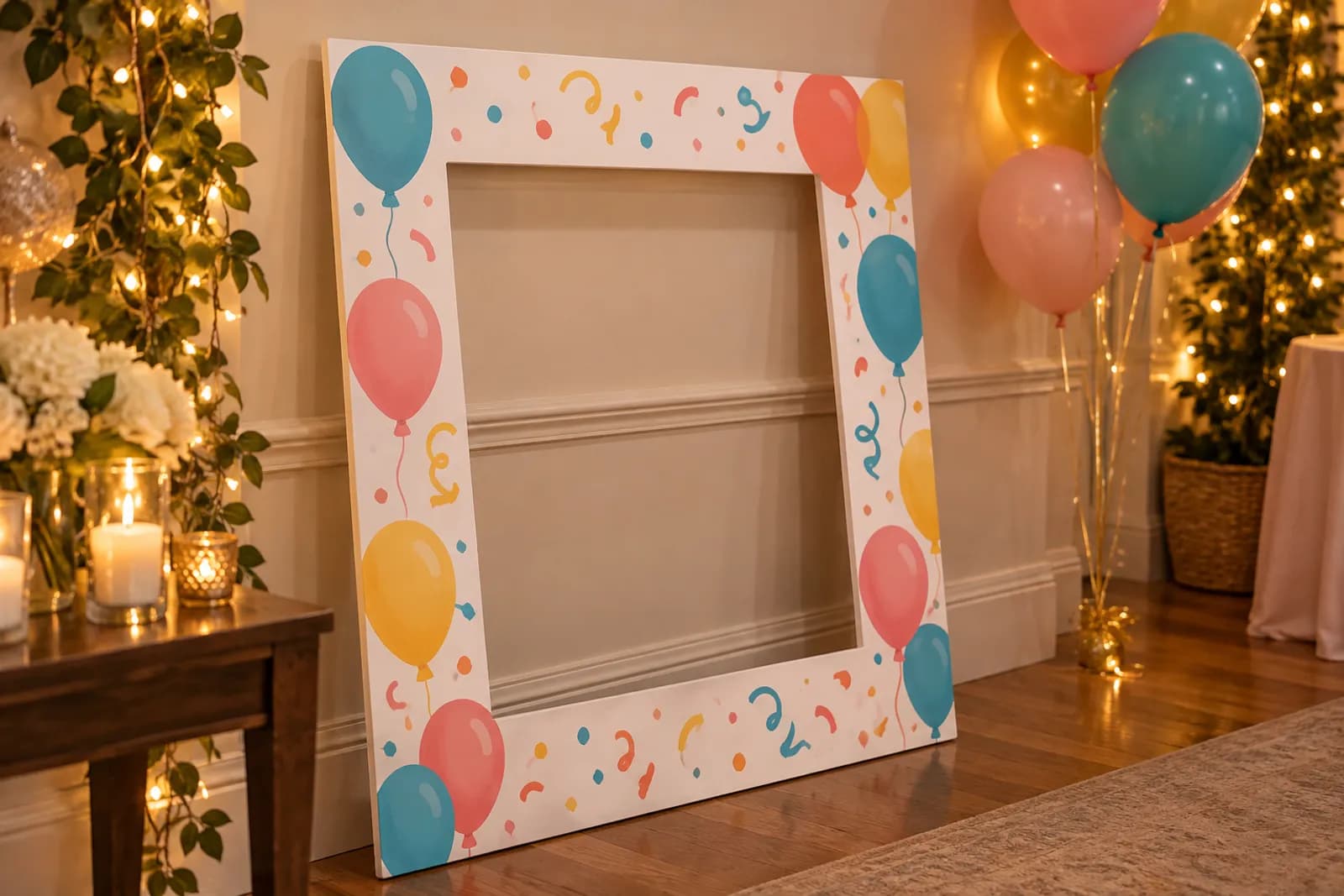 Ramă foto selfie din PVC decorată cu baloane, pregătită pentru poze la o petrecere