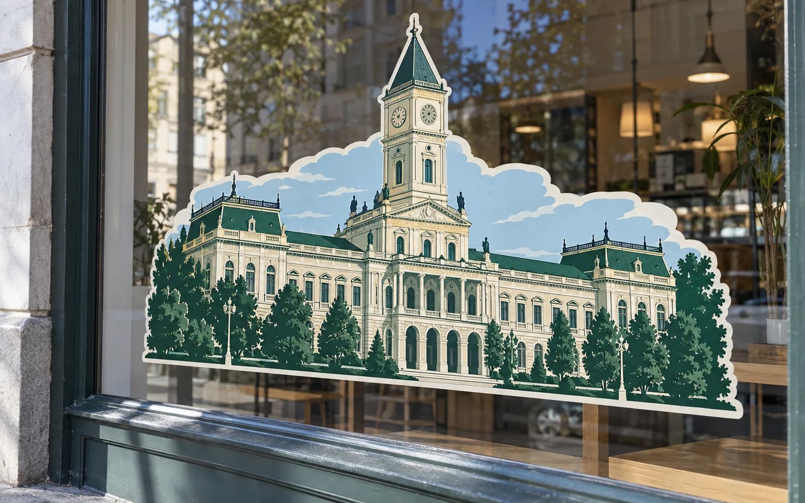 Autocolant cu ilustrația reperului Palatul Administrativ, pe o vitrină.