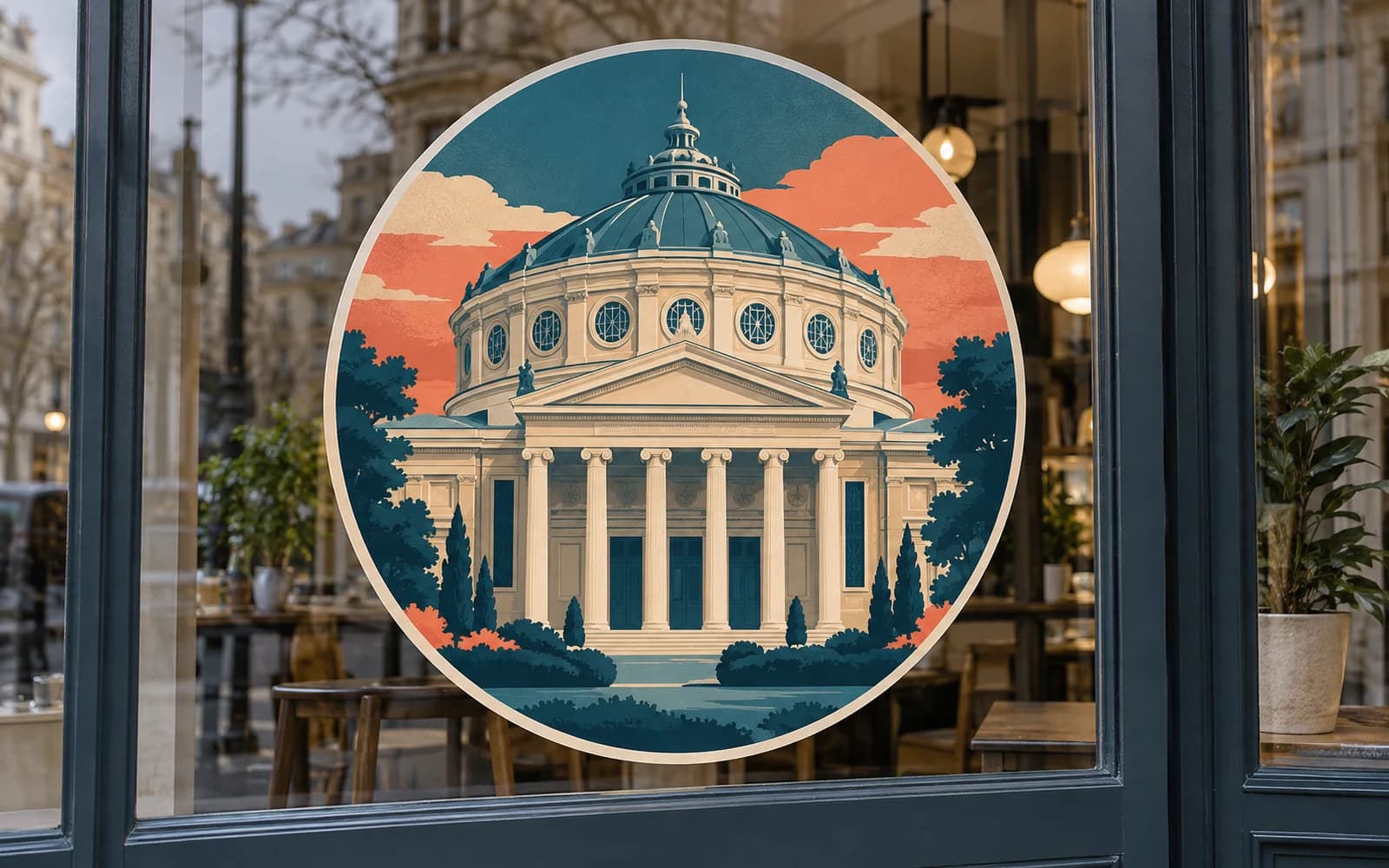 Autocolant cu ilustrația reperului Ateneul Român, pe o vitrină.