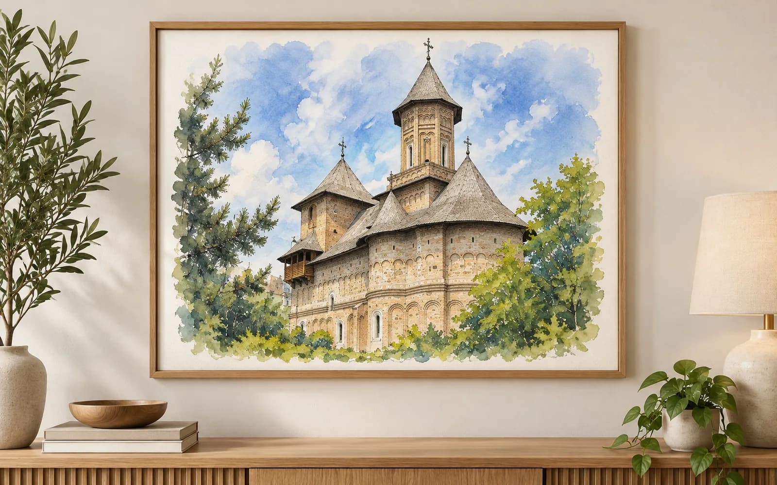 Afiș cu ilustrația reperului Biserica Fortificată Precista, într-un cadru la recepție — reper al județului Galați, livrare în Tecuci