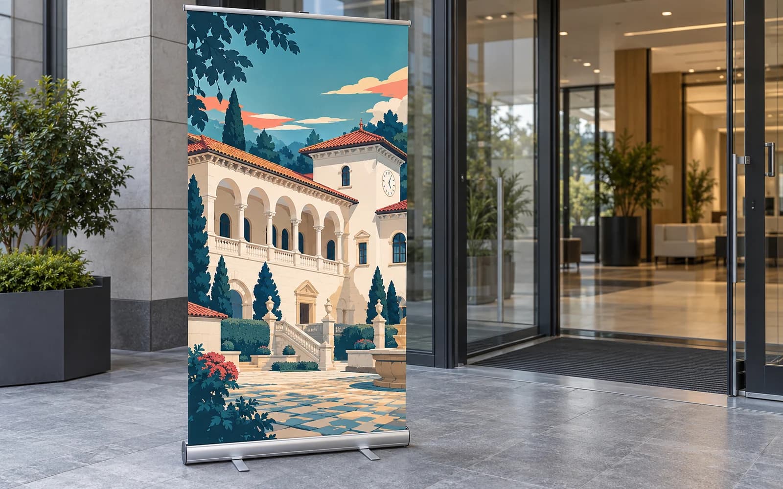 Roll-up cu ilustrația reperului Muzeul de Artă Casa Simian, la intrarea unui birou — reper al județului Vâlcea, livrare în Horezu