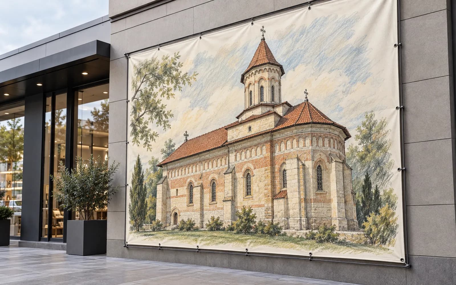 Banner cu ilustrația reperului Biserica Domnească Sfântul Ioan Botezătorul, pe o fațadă de magazin — reper al județului Vaslui, livrare în Murgeni