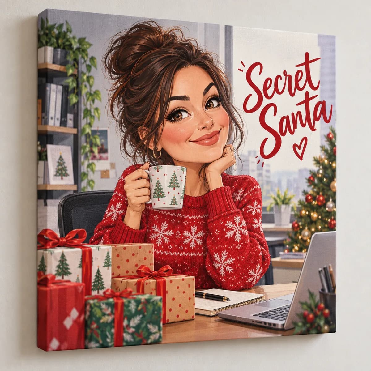 Caricatură Secret Santa pentru colegă — model de prezentare cu persoană fictivă