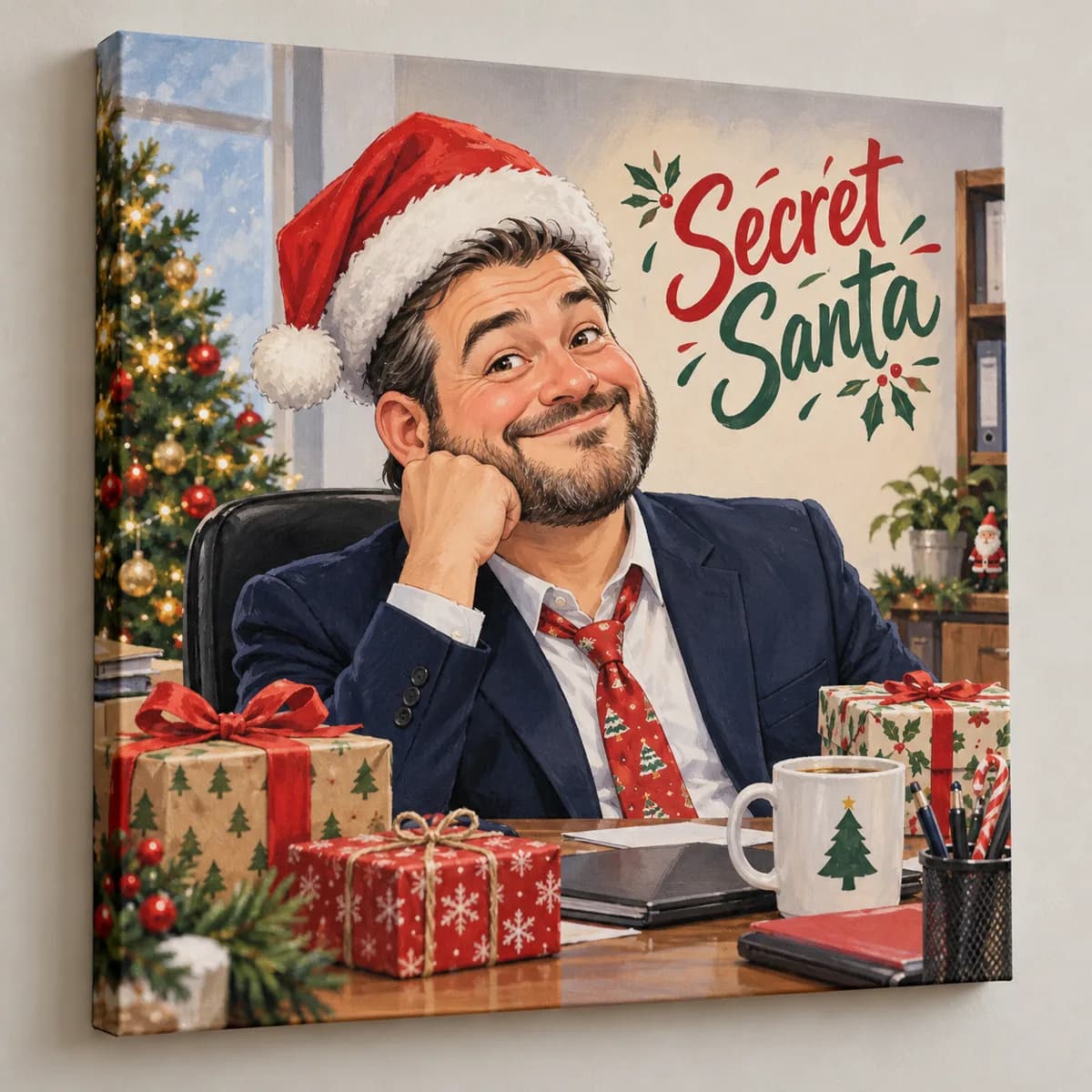 Caricatură Secret Santa pentru șef — model de prezentare cu persoană fictivă
