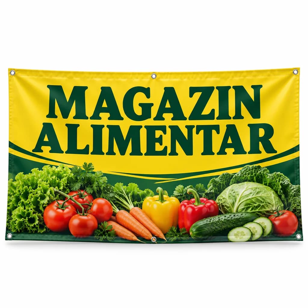 Pachet print pentru magazin nou Banner „AM DESCHIS” 300×100 cm + autocolant vitrină 100×50 cm + 1000 flyere A6