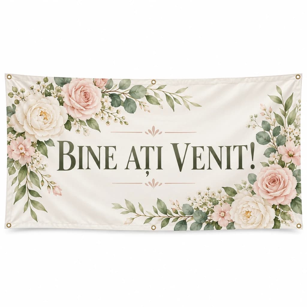 Pachet print pentru nuntă sau eveniment Banner 200×100 cm + 5 afișe A2 + 100 meniuri A6 + 100 etichete rotunde 5×5 cm