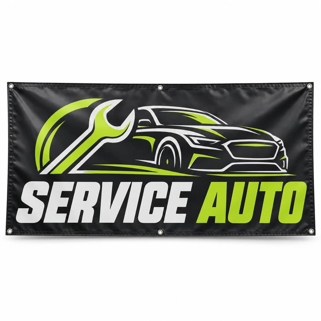 Pachet print pentru service auto Banner 400×100 cm + 200 etichete revizie 10×5 cm + 500 cărți de vizită + 5 afișe A2