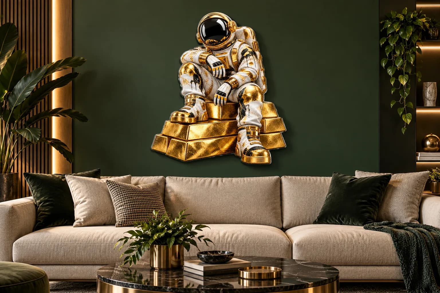 Astronaut pe lingouri de aur, tablou din plexiglas pe peretele unui living (simulare)