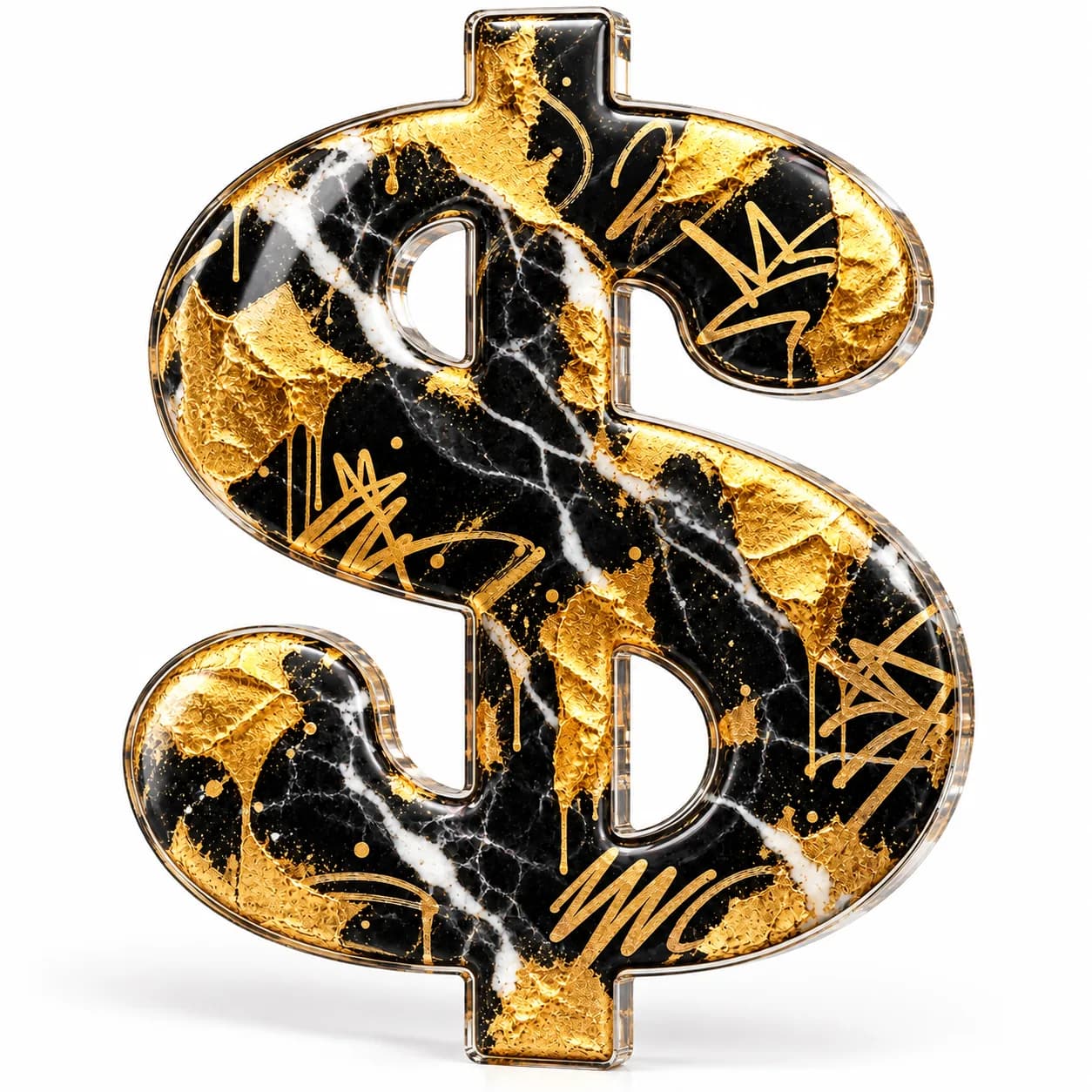 Simbol dolar negru cu auriu, tablou din plexiglas decupat pe contur (simulare pe fundal alb)
