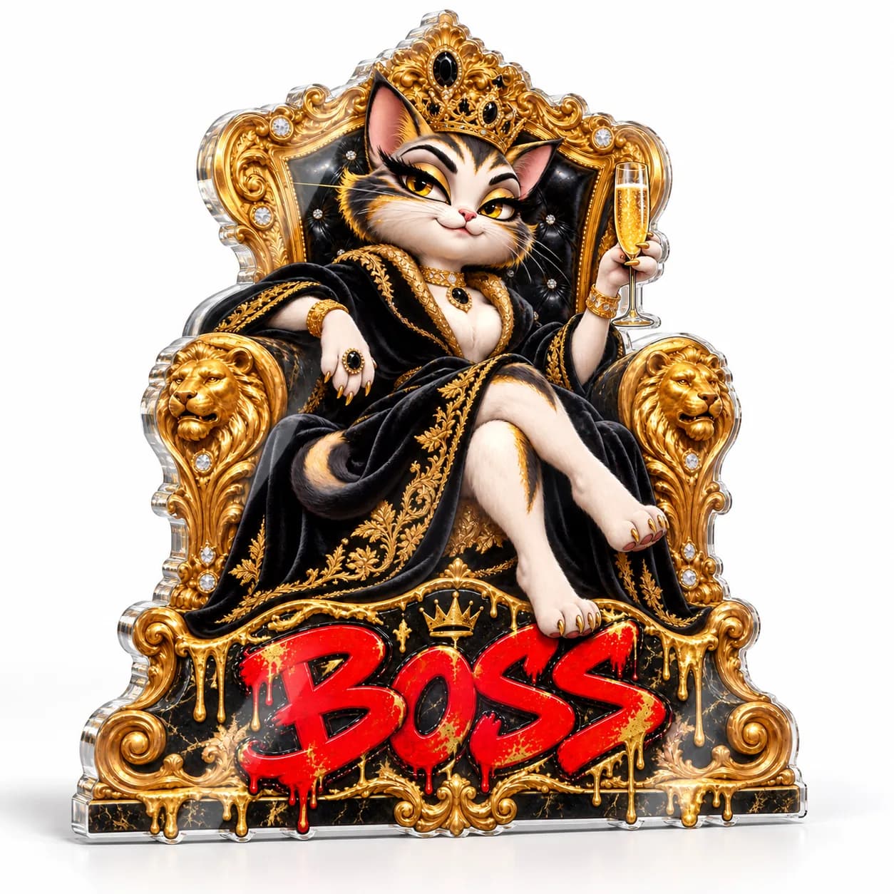 Pisică pe tron „BOSS”, tablou din plexiglas decupat pe contur (simulare pe fundal alb)