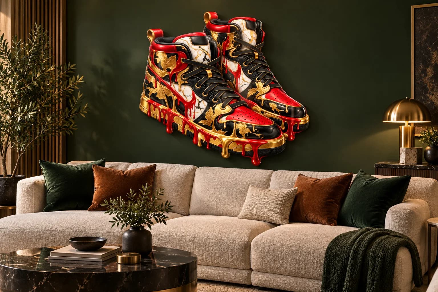 Sneakers street-art roșii cu auriu, tablou din plexiglas pe peretele unui living (simulare)