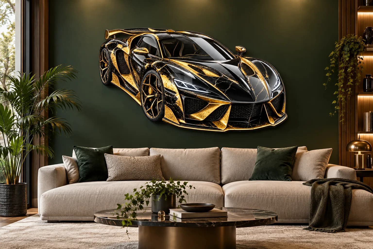 Mașină sport neagră cu auriu, tablou din plexiglas pe peretele unui living (simulare)