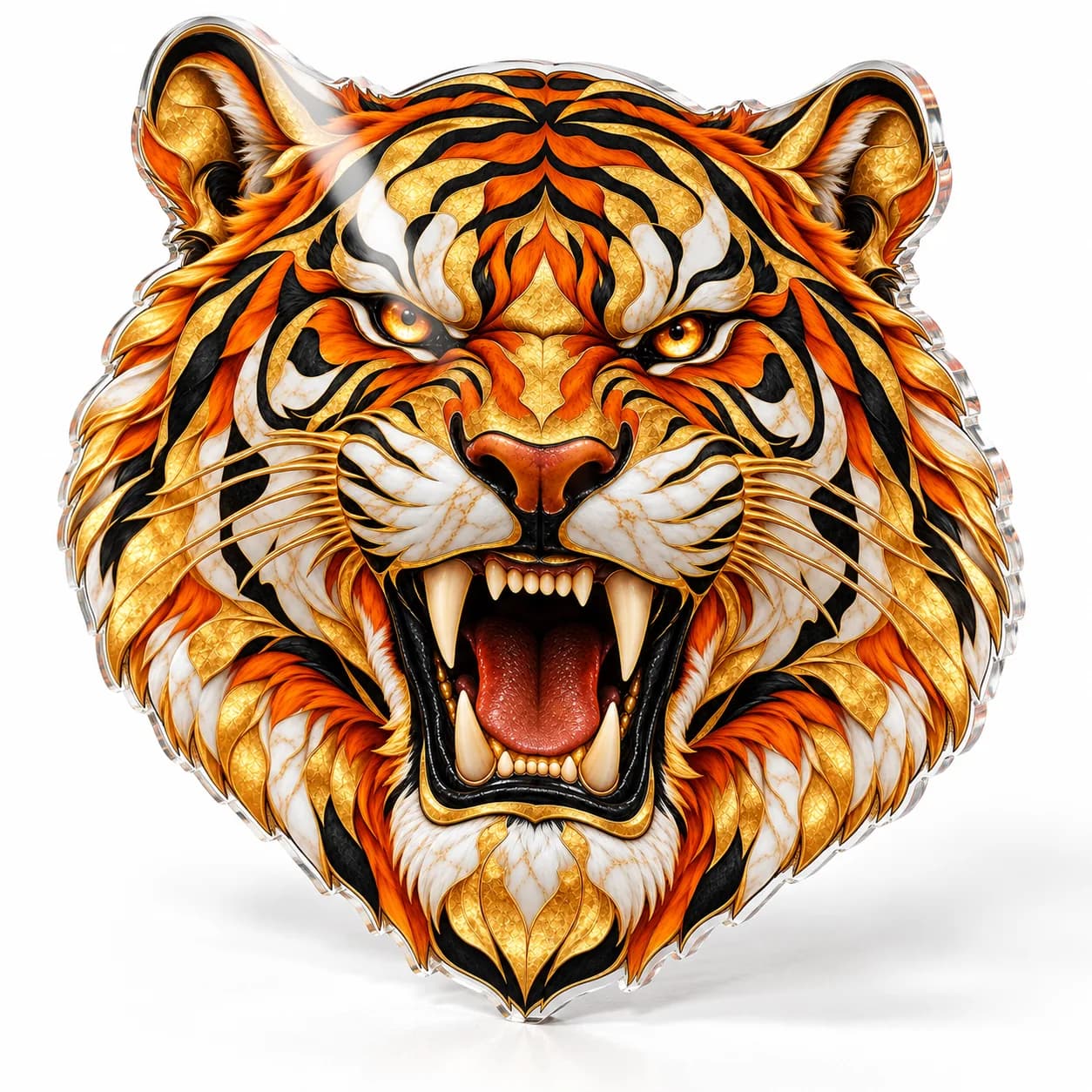 Tigru care rage, tablou din plexiglas decupat pe contur (simulare pe fundal alb)
