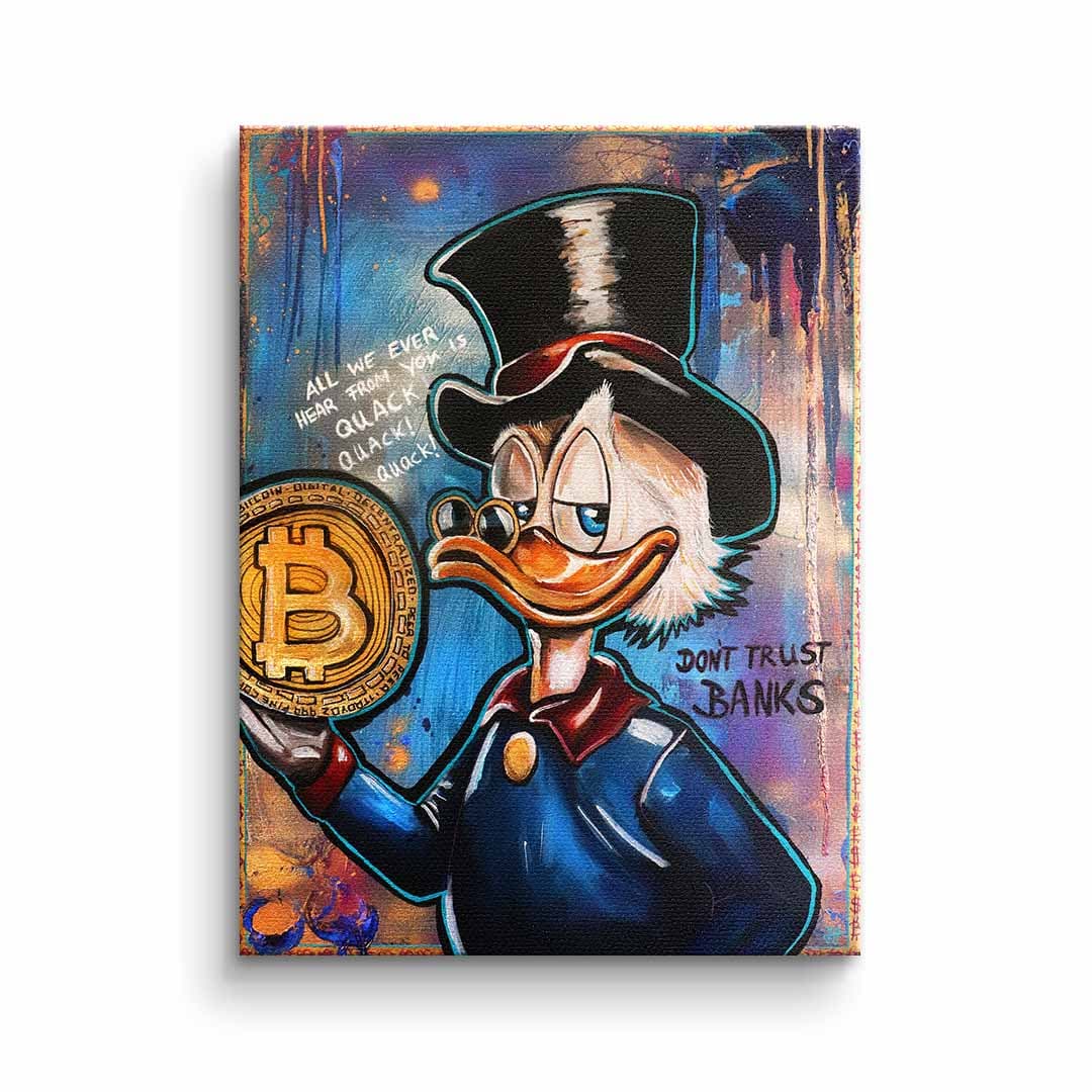 Tablou canvas rață gentleman cu bitcoin – decor birou modern