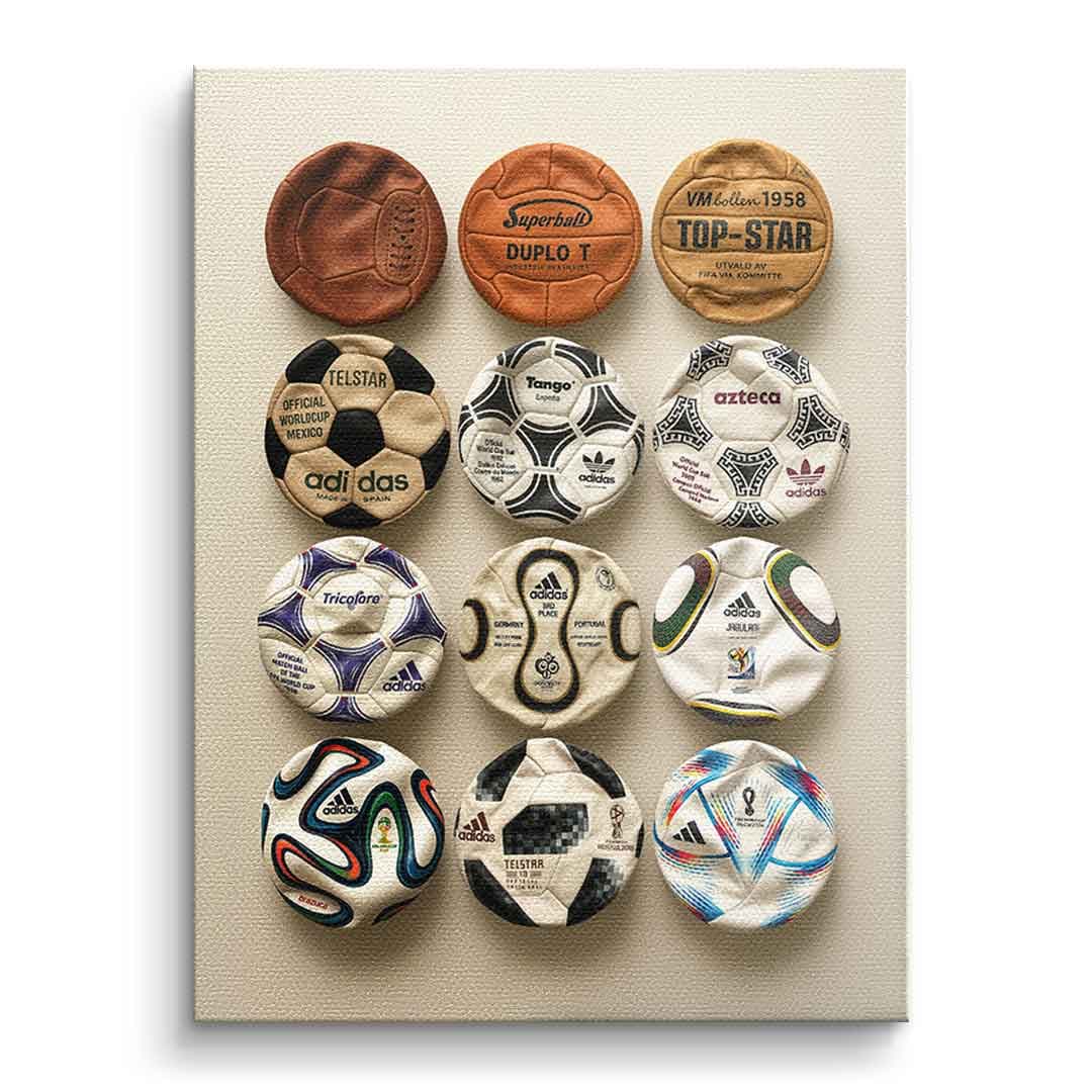 Tablou canvas colecție de mingi de fotbal – decor cameră băieți