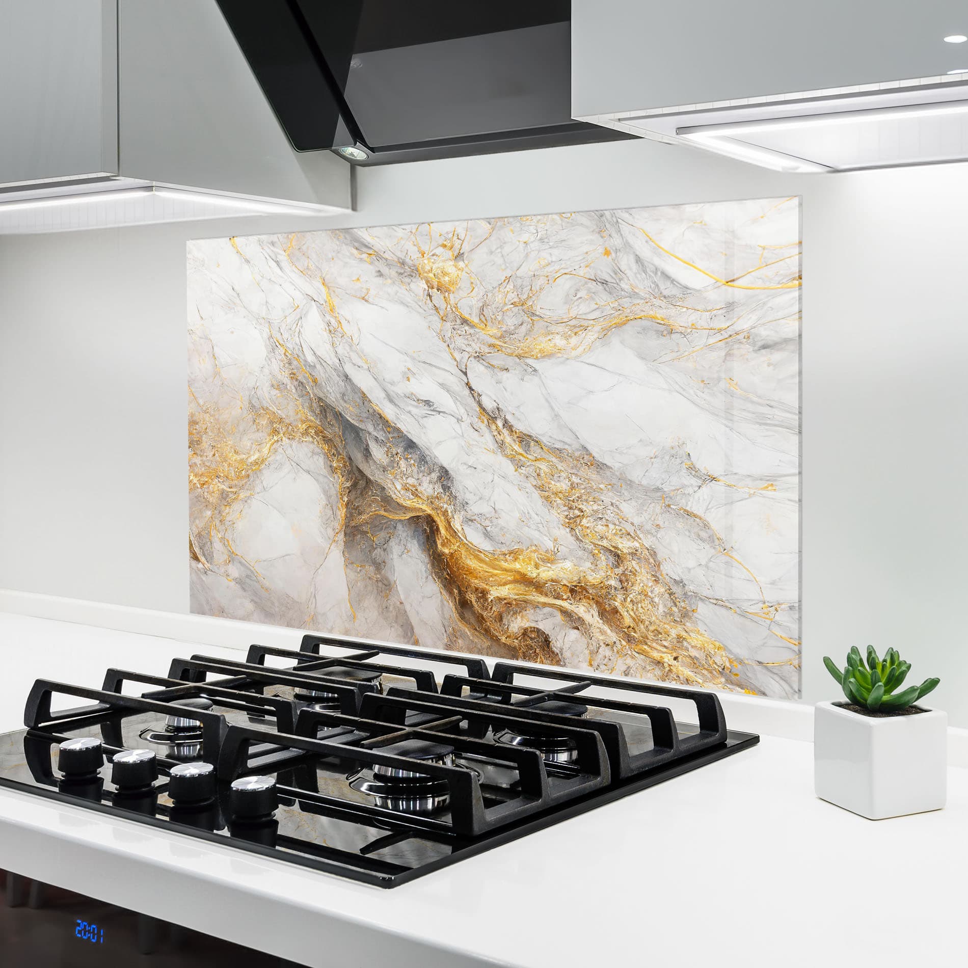 Panou Sticla Bucatarie Gold Liquid Grey Marble
