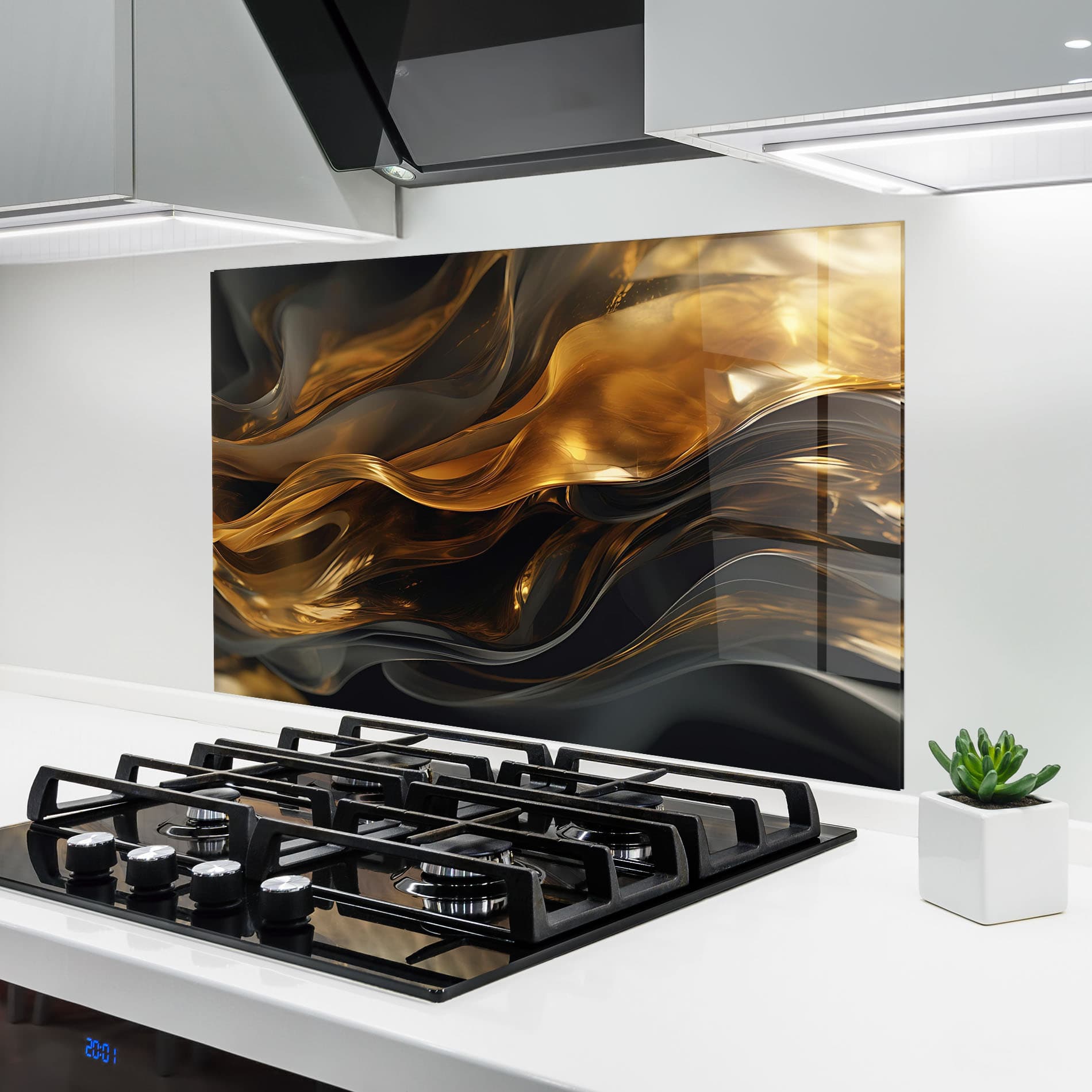 Panou Sticla Bucatarie Gold With Black Wave