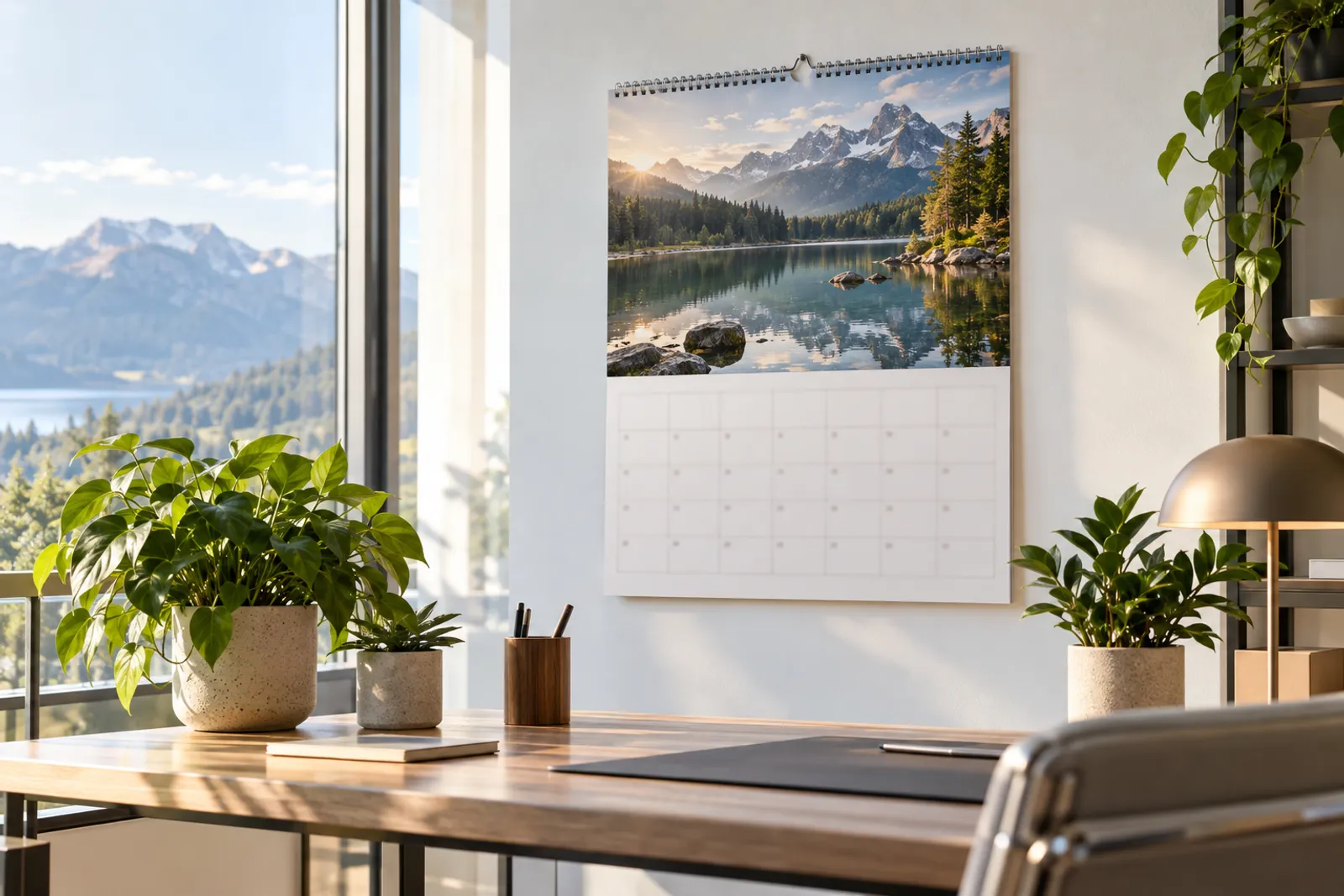 Calendar de perete personalizat cu spirală, agățat pe peretele unui birou