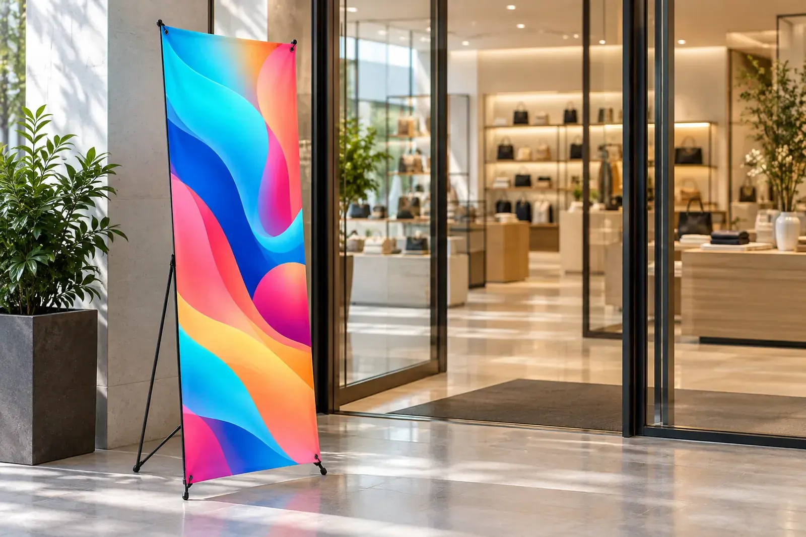 X-banner cu grafică verticală așezat lângă intrarea unui magazin, în interior