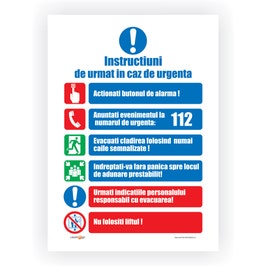 Indicator Instructiuni in caz de urgenta, PVC, 40 x 30 cm